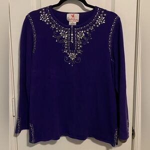 Quacker Factory Size Medium Dark Purple Tunic Knit w/Gemstone/Pearl/Bead/Sequin